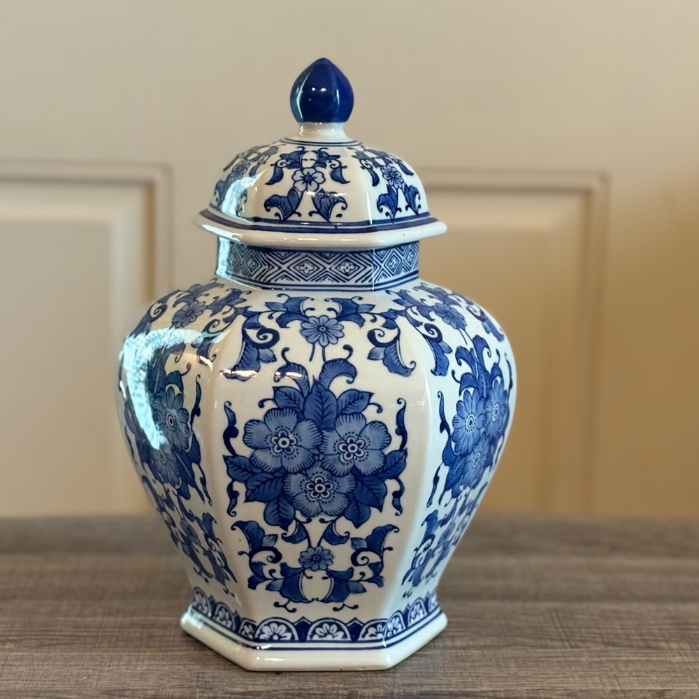 Blue and White Floral Ceramic Ginger Jar